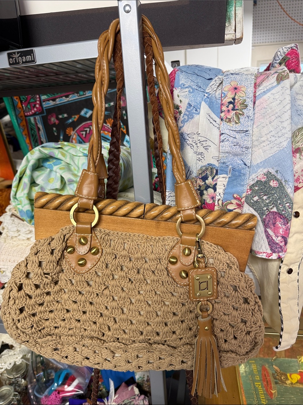 Rafe Tan Braided Crochet Shoulder Bag with Tassel